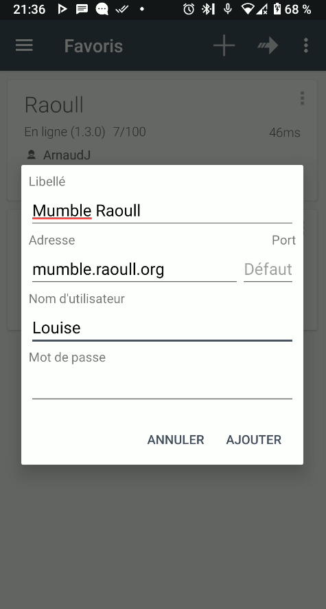Capture d'écran lors de l'ajout du serveur Raoull sur Mumla. Libellé : "Mumble Raoull", adresse : mumble.raoull.org,port : par défaut,nom d'utilisateur : Louise